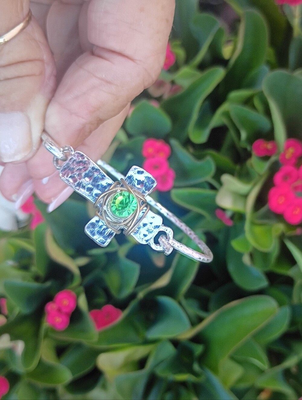 Silver-Tone Bracelet with Green Gem Accent Peridot